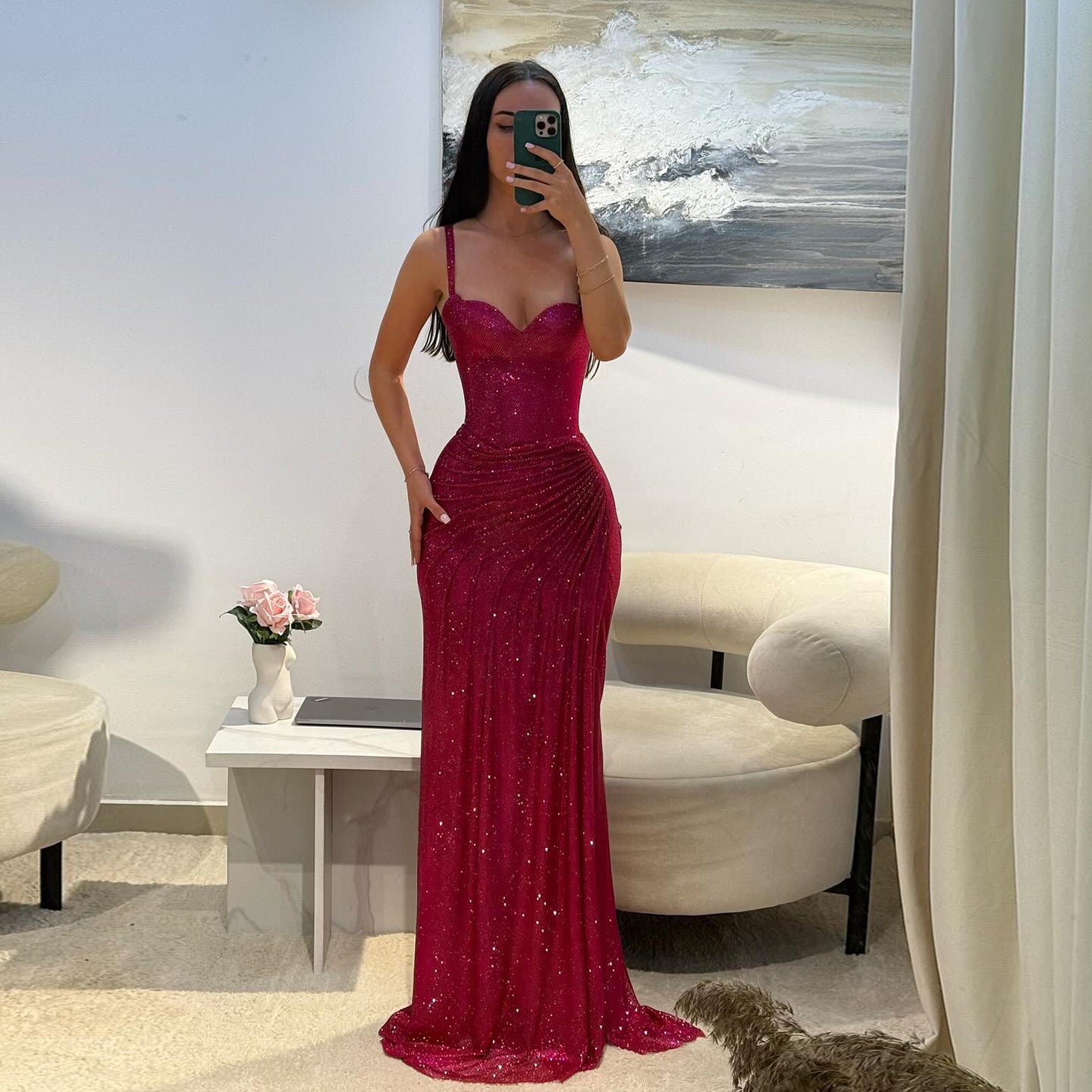 Luxury Sequin Fuchsia Spaghetti Strap Evening Dress with Slit SH564