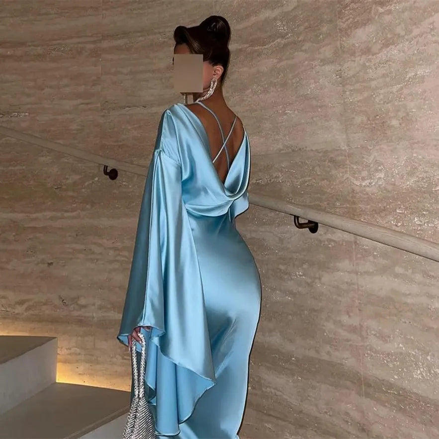 Light Blue Mermaid Evening Dress with Flare Long Sleeves SF027