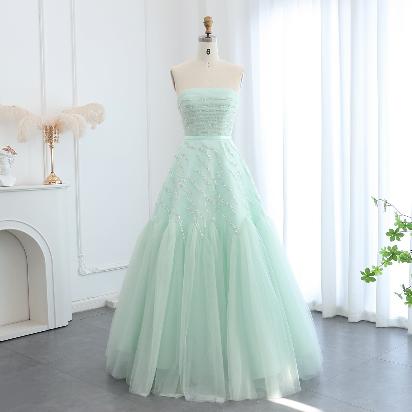 Luxury Beaded Strapless Sage Green Evening Dress SS483