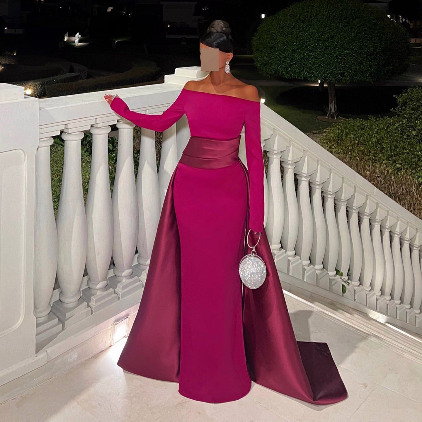 Elegant Long Sleeve Mermaid Gown with Satin Train Evening Dress SF318