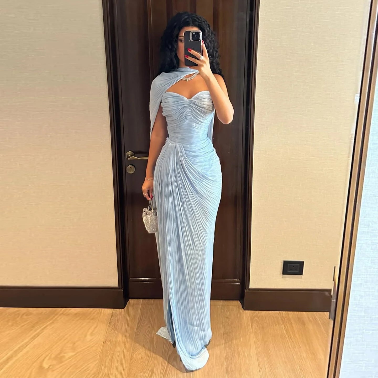 Light Blue Pleated Sweetheart Maxi Dress with Draped Shoulder Scarf SF363