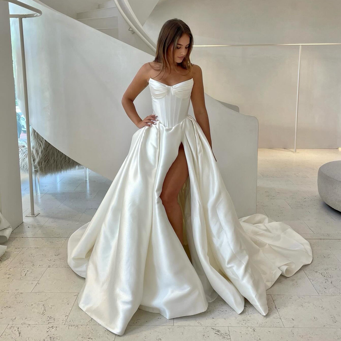 Luxury Satin Corset Off Shoulder Wedding Dress with High Slit SW070