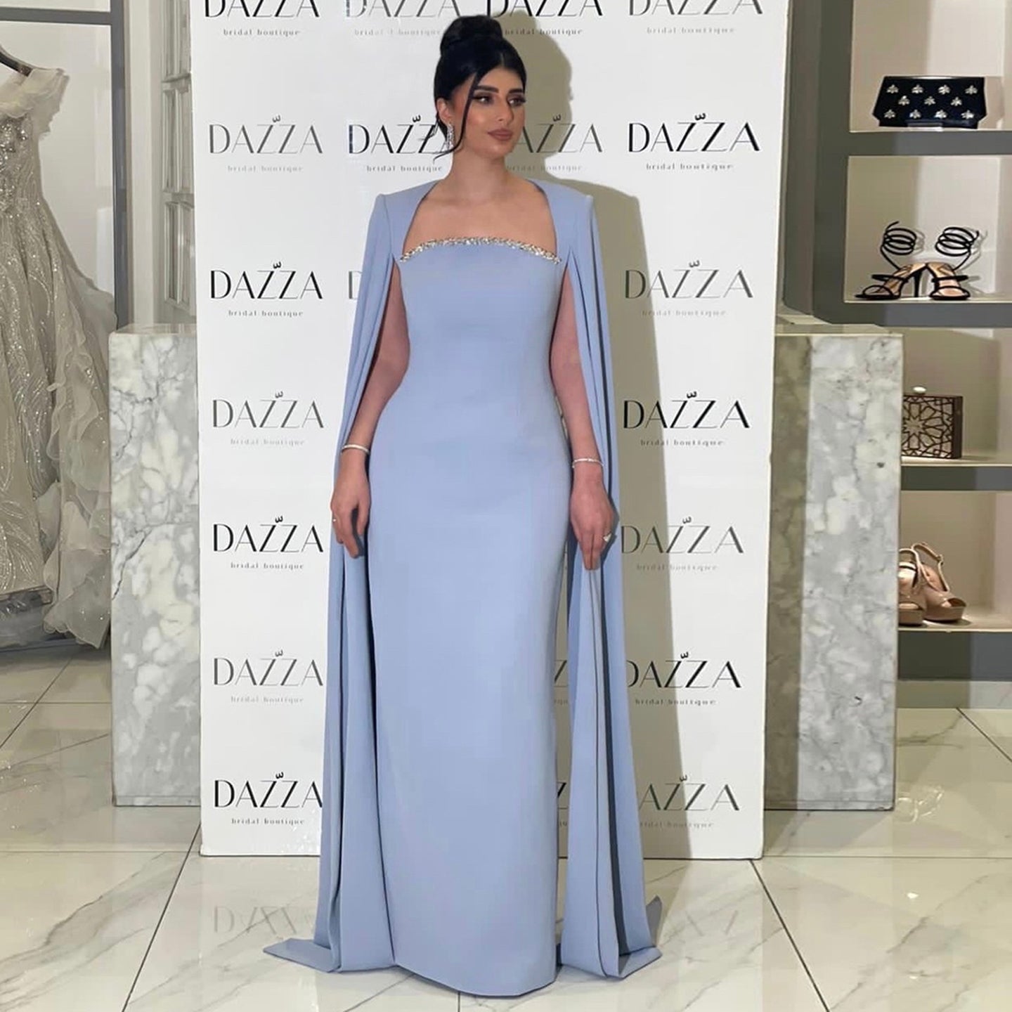 Elegant Blue Mermaid Evening Dress with Cape Sleeves SF486
