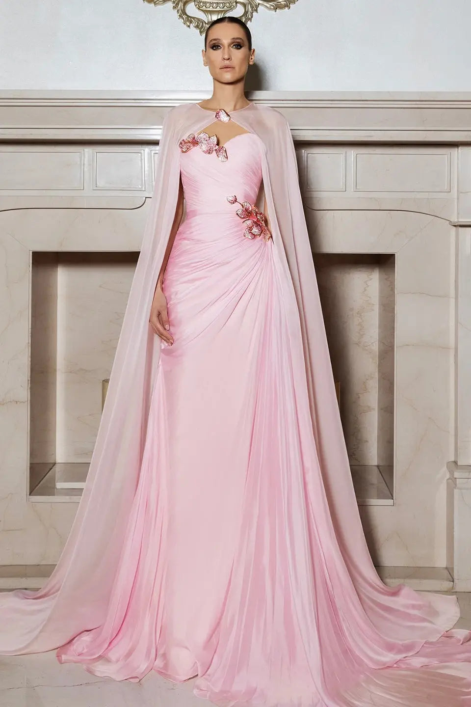 Light Pink 3D Floral Chiffon A-Line Evening Dress with Flowing Capelet – SHEER FAIRY