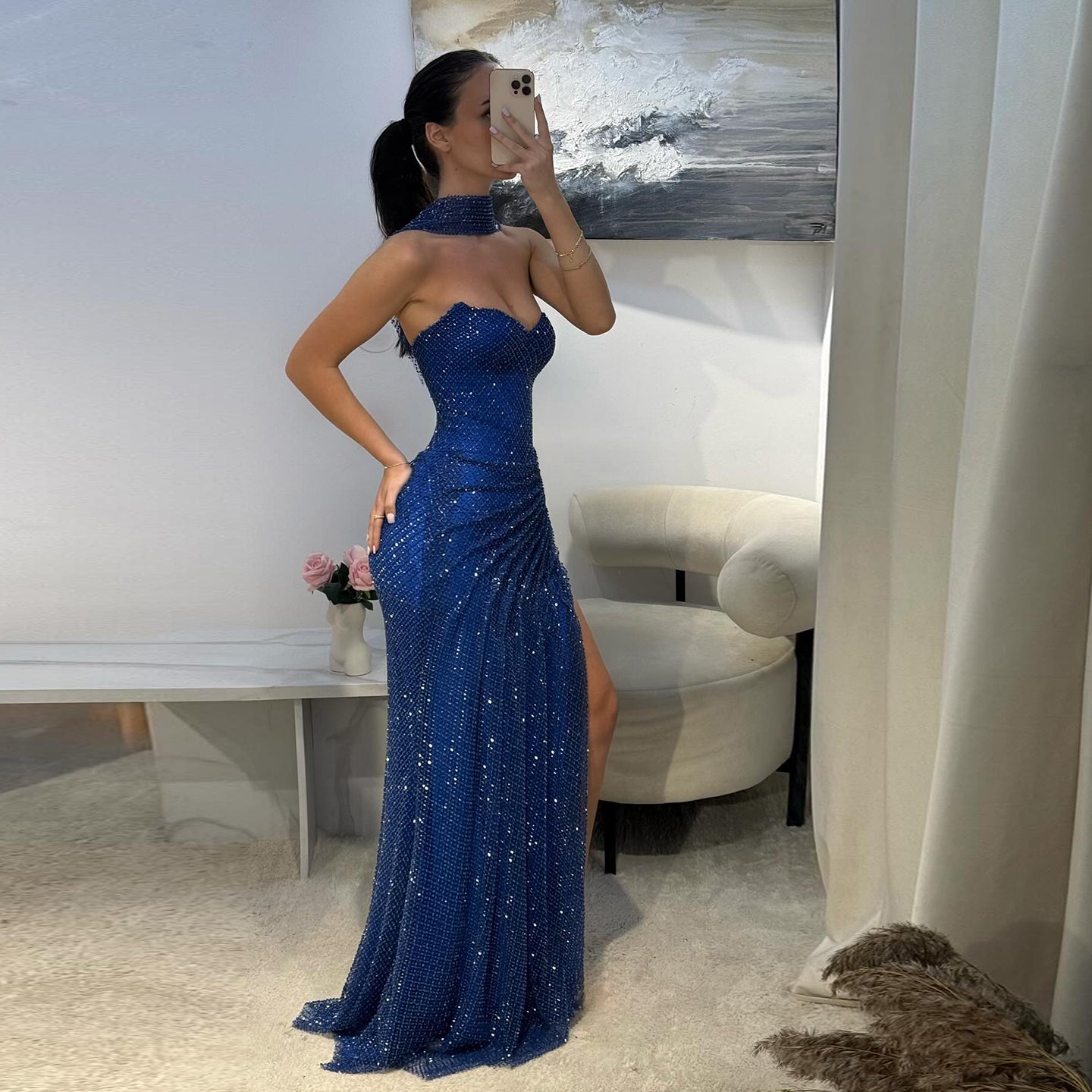 Elegant Royal Blue Strapless Sequin Evening Dress with Scarf SH566