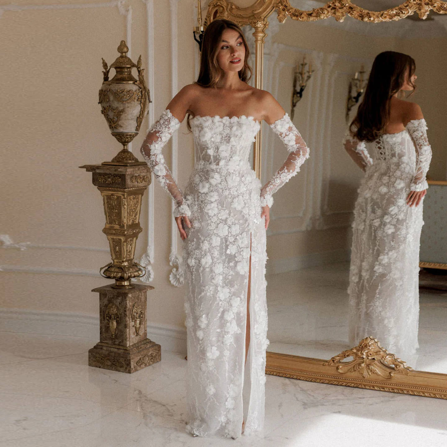 Luxury Beaded Long Sleeve Lace High Slit Wedding Dress SW085