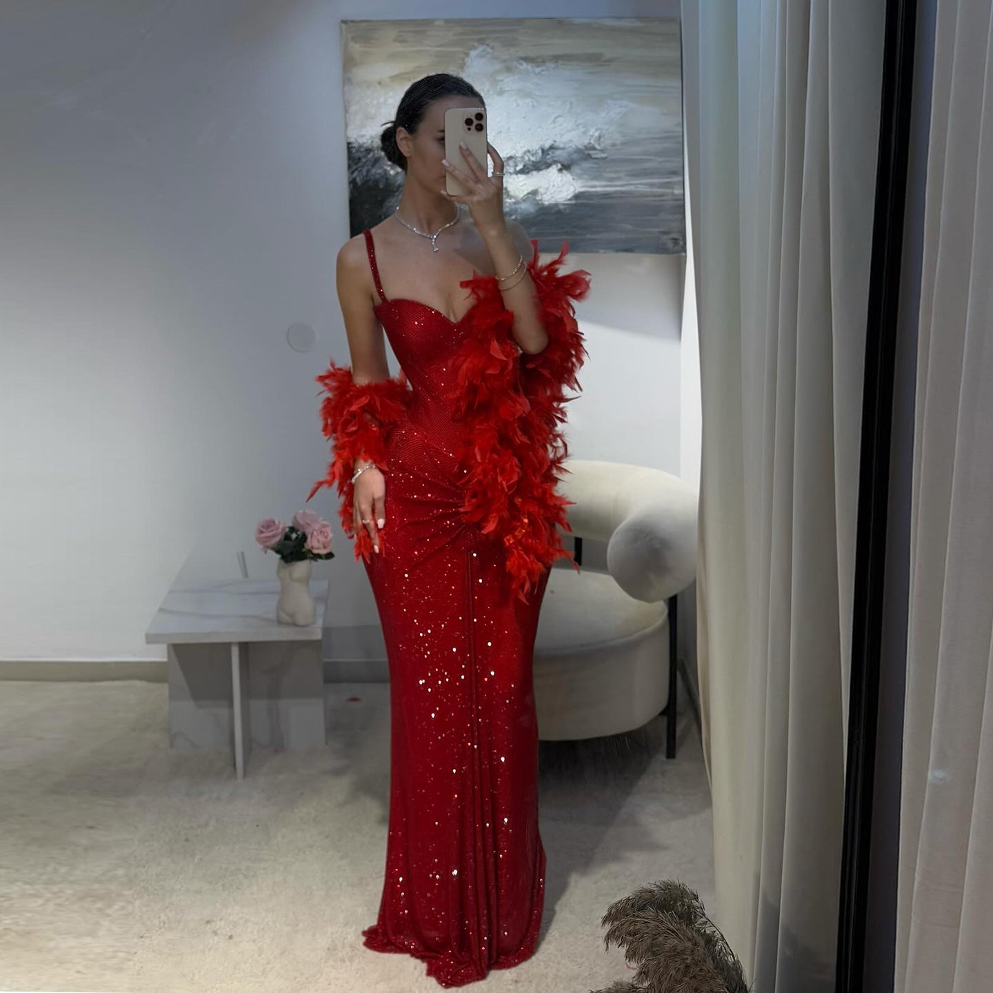 Luxury Red Sequin Strapless Evening Dress with Feather Shawl SH567
