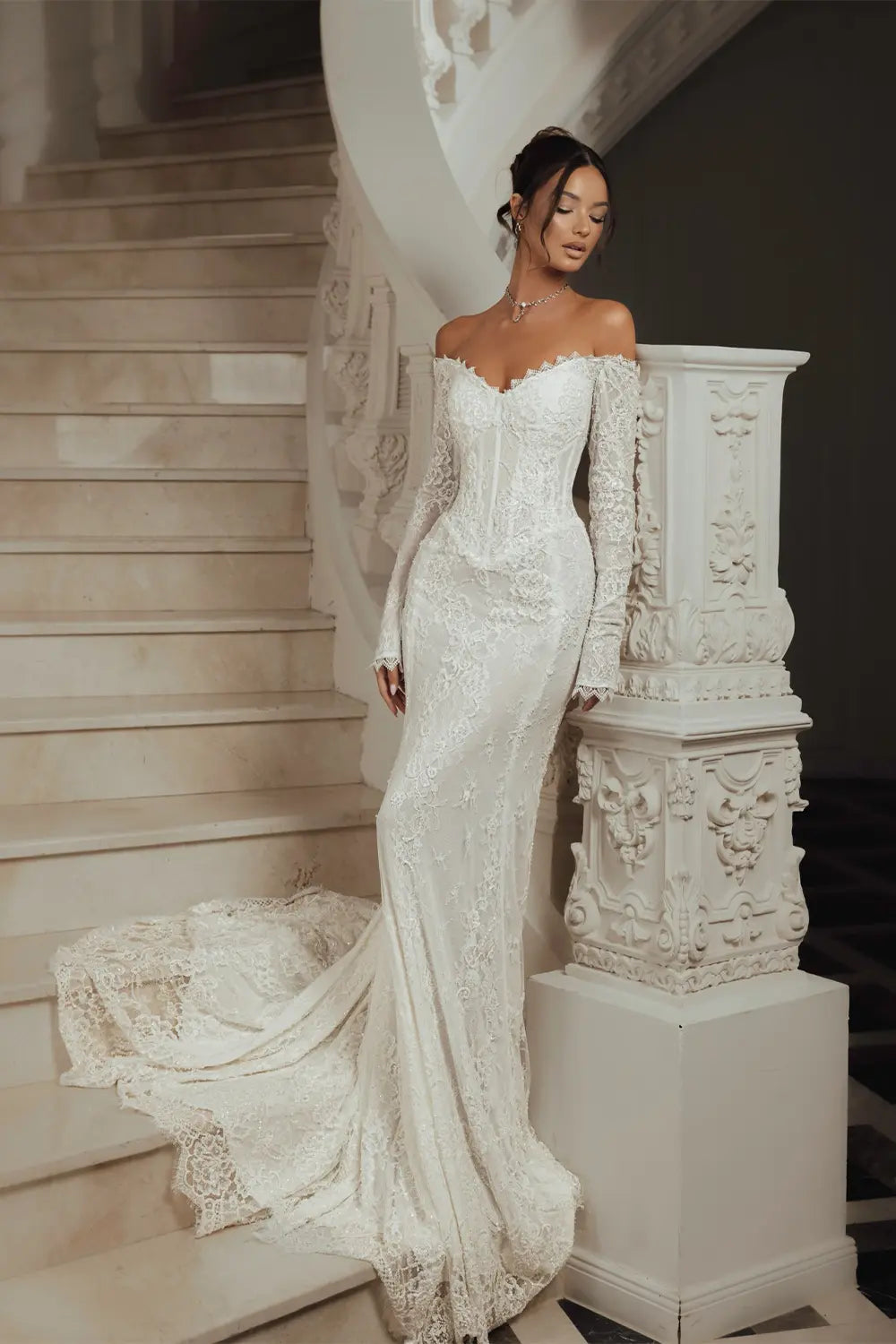 White Sweetheart Neck Sheer Long Sleeve Embroidered Lace Wedding Dress – SHEER FAIRY