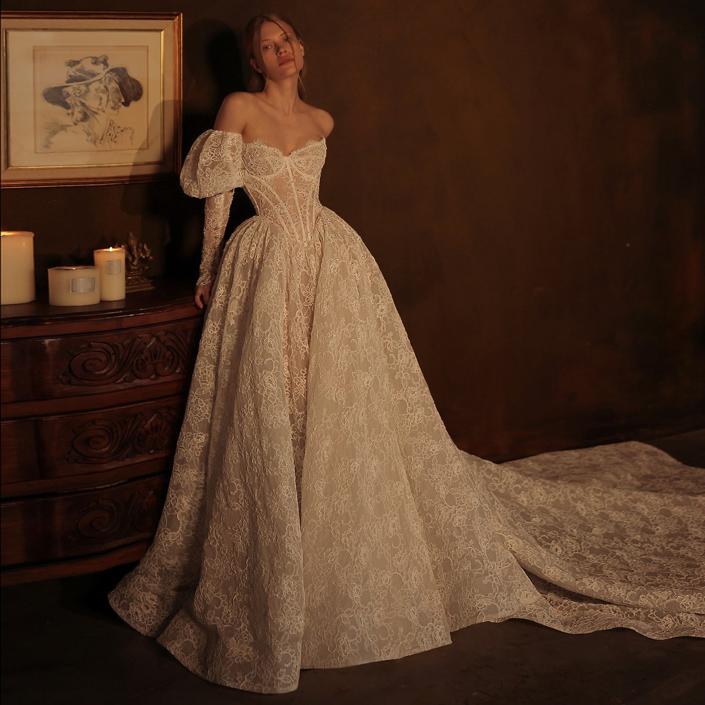 Luxury Off Shoulder Puff Sleeve Lace Ball Gown Wedding Dress SW074