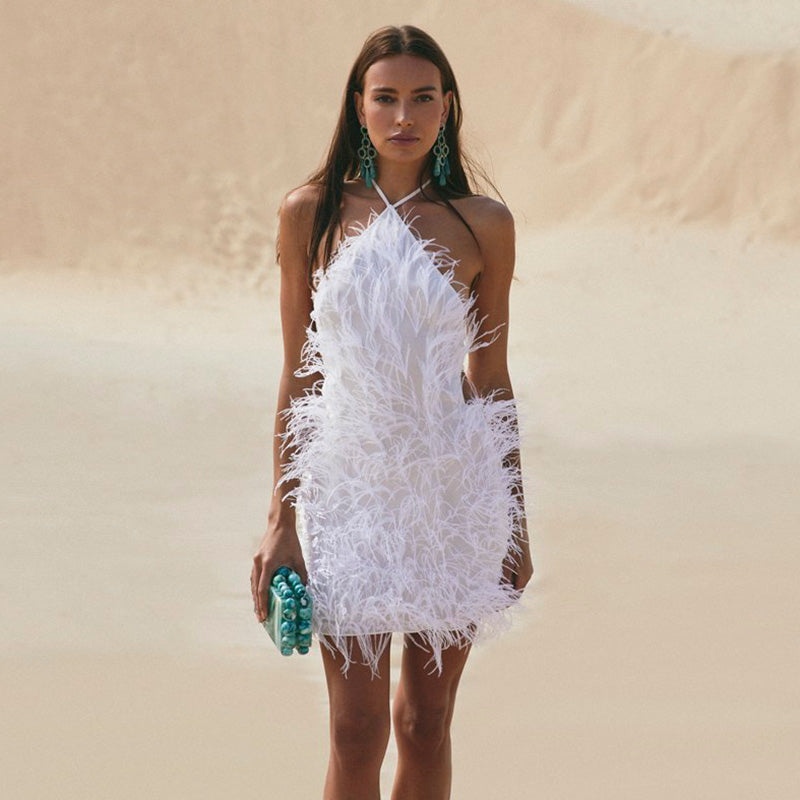 Fluffy White Ostrich Feather Halter Mini Cocktail Party Gown RM094