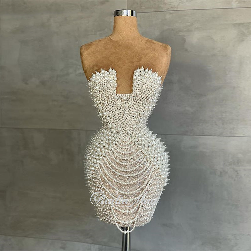 Elegant Pearl Beaded Strapless Mini Party Dress RM029