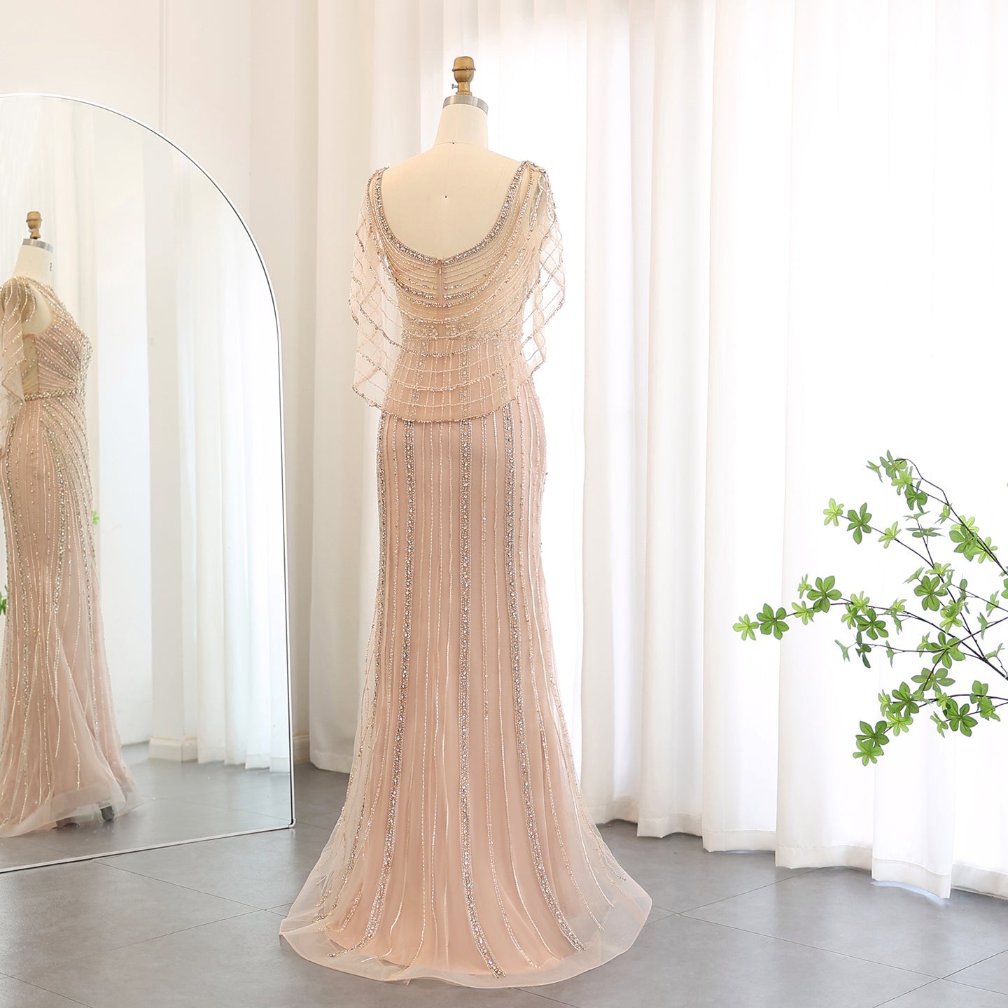 Luxury Champagne Beaded Mermaid Evening Dress with Cape SS122