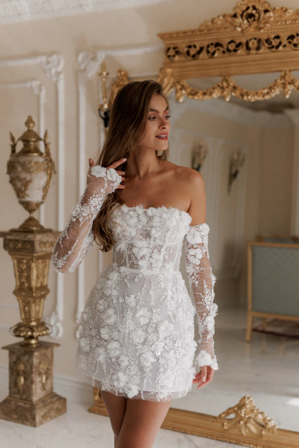 Luxury Romantic Off Shoulder Sequin Mini Wedding Dress with Arm Sleeves SW084
