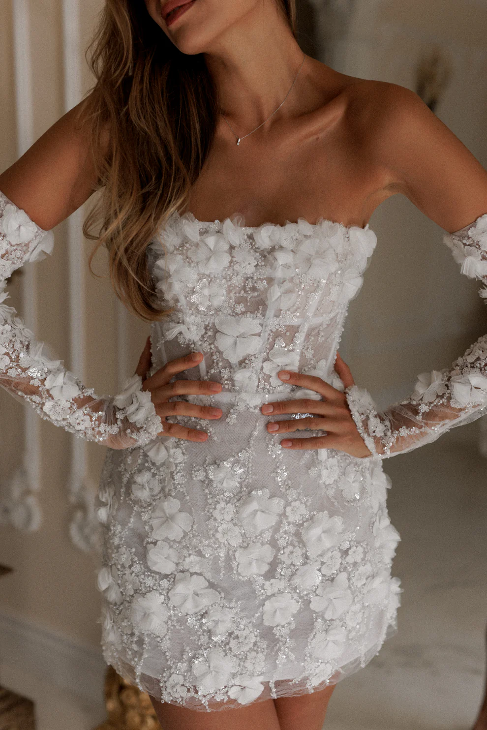 Luxury Romantic Off Shoulder Sequin Mini Wedding Dress with Arm Sleeves SW084