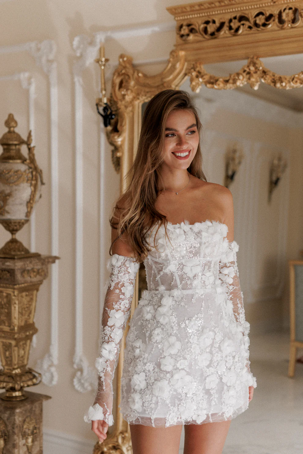 Luxury Romantic Off Shoulder Sequin Mini Wedding Dress with Arm Sleeves SW084
