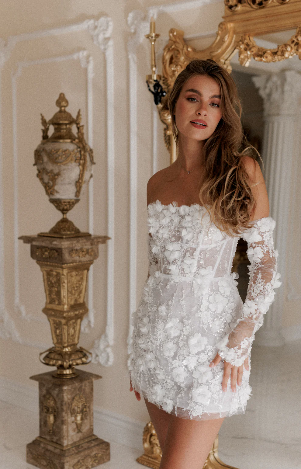 Luxury Romantic Off Shoulder Sequin Mini Wedding Dress with Arm Sleeves SW084