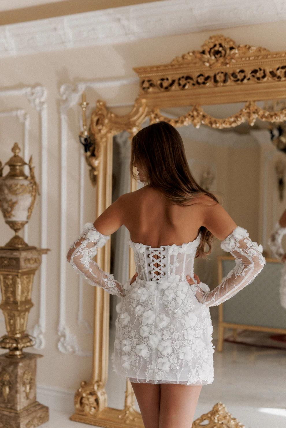 Luxury Romantic Off Shoulder Sequin Mini Wedding Dress with Arm Sleeves SW084