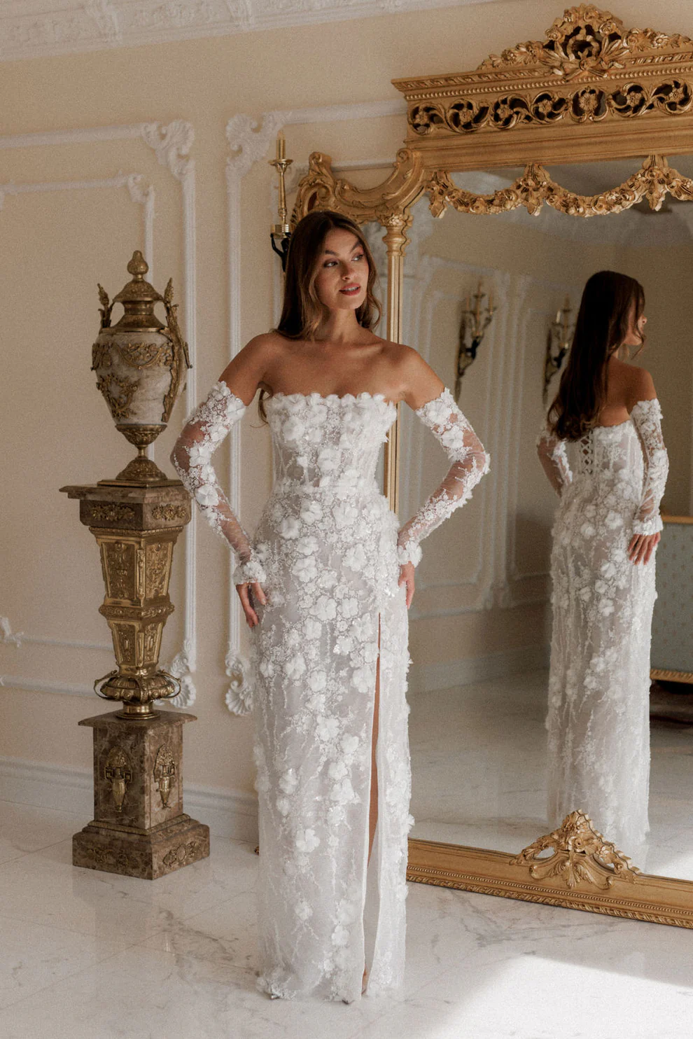 Luxury Beaded Long Sleeve Lace High Slit Wedding Dress SW085