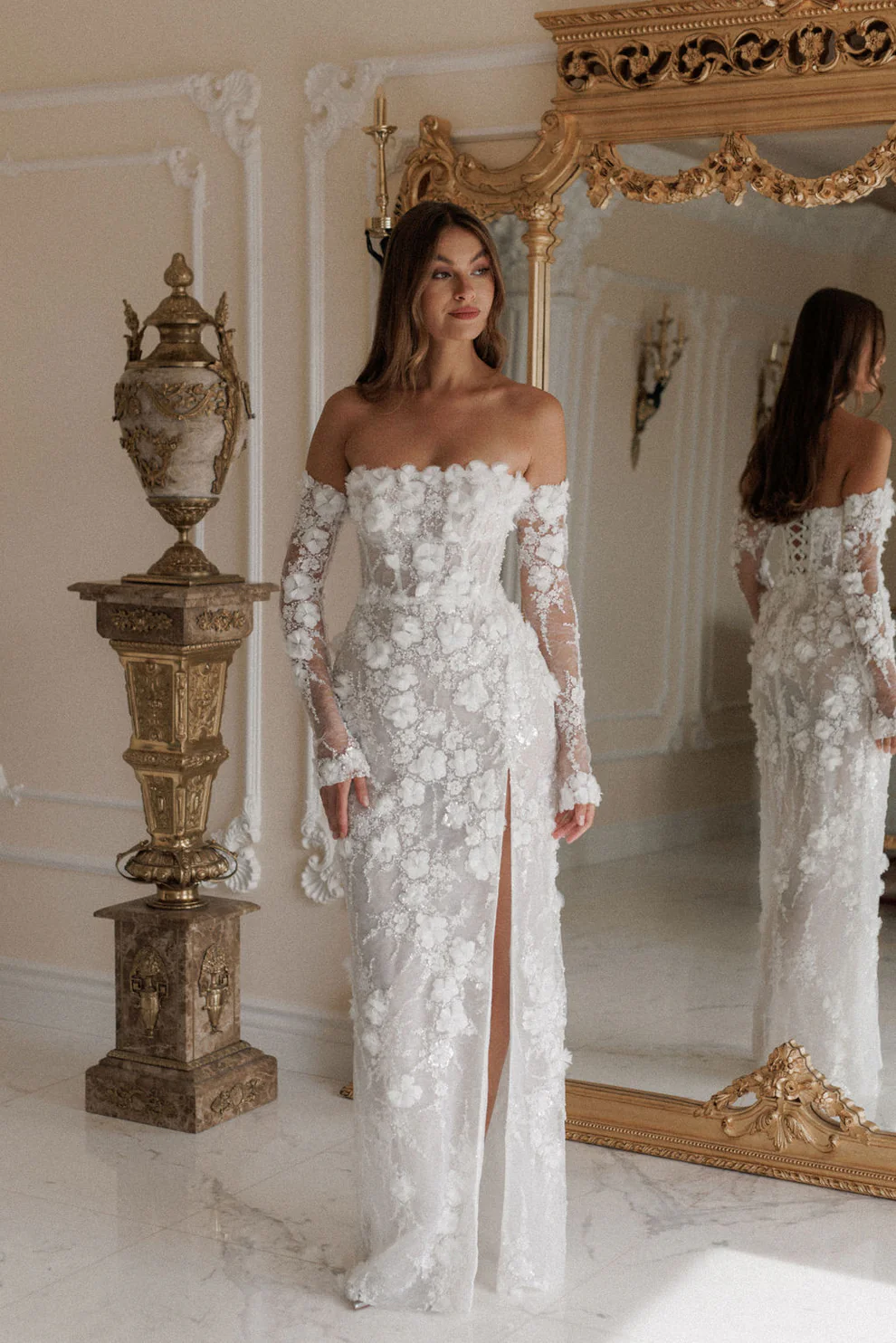 Luxury Beaded Long Sleeve Lace High Slit Wedding Dress SW085