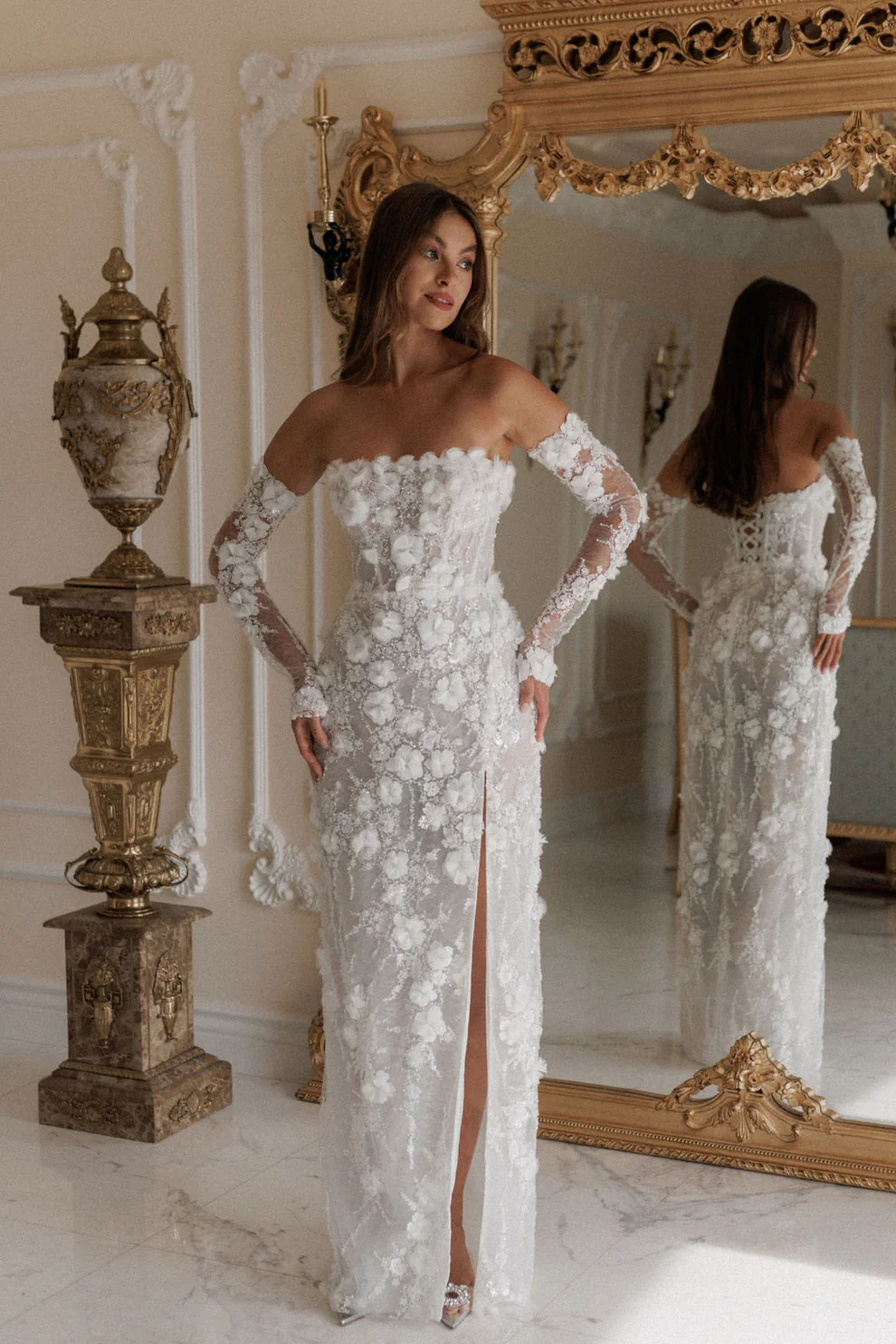 Luxury Beaded Long Sleeve Lace High Slit Wedding Dress SW085