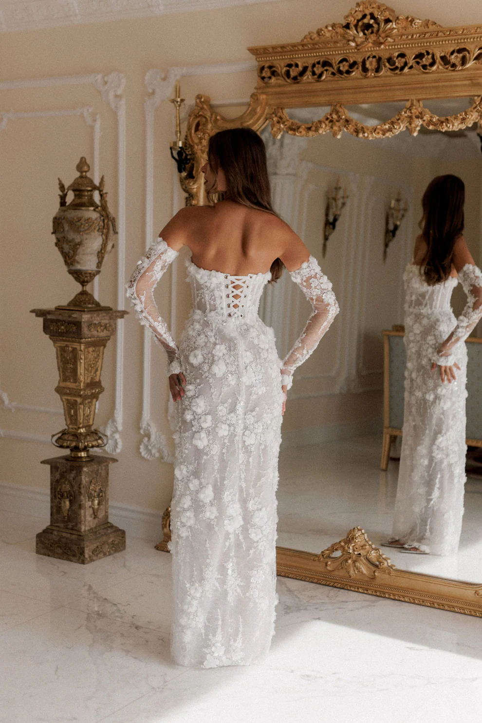 Luxury Beaded Long Sleeve Lace High Slit Wedding Dress SW085