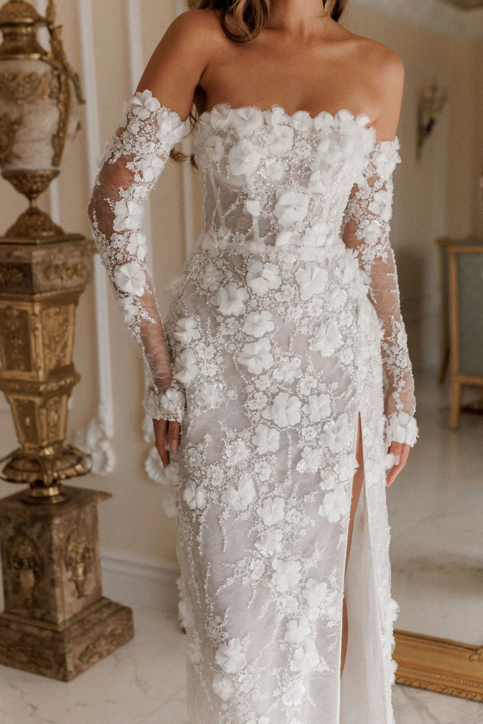 Luxury Beaded Long Sleeve Lace High Slit Wedding Dress SW085