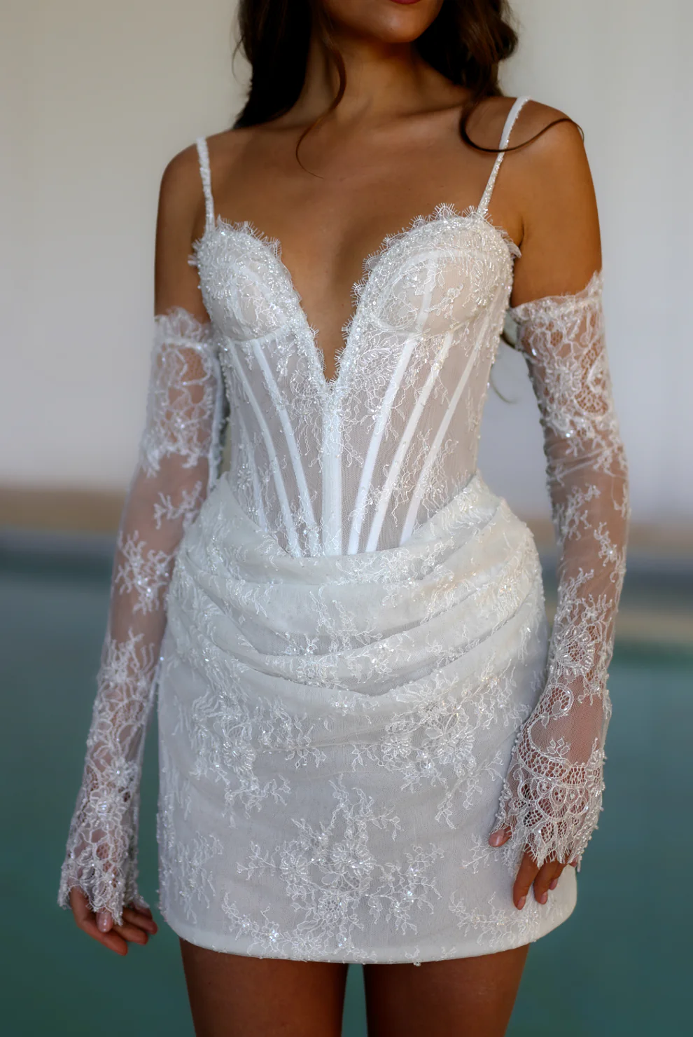 Elegant Romantic Lace Corset Mini Wedding Dress with Gloves SW088