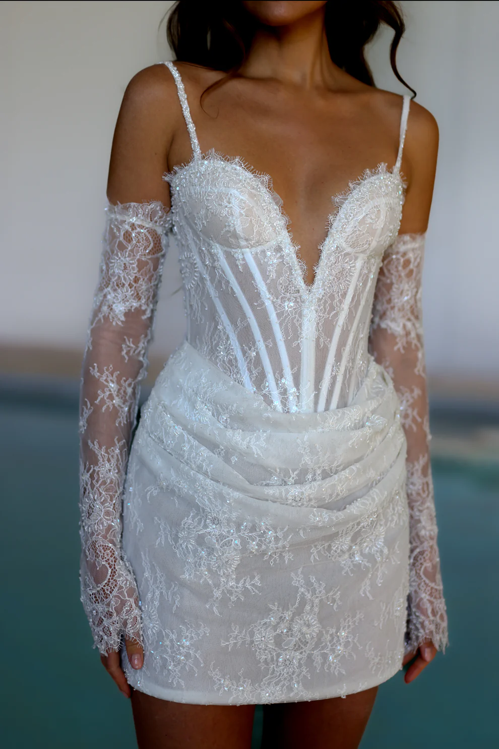 Elegant Romantic Lace Corset Mini Wedding Dress with Gloves SW088