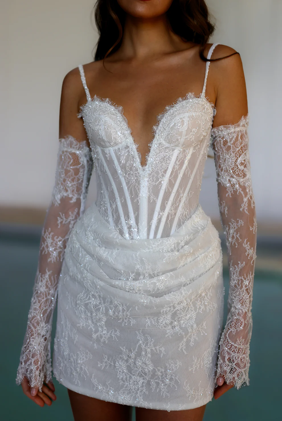 Elegant Romantic Lace Corset Mini Wedding Dress with Gloves SW088