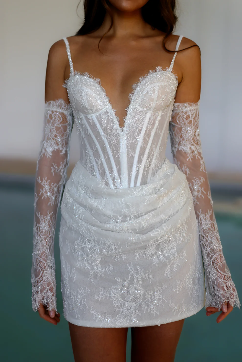 Elegant Romantic Lace Corset Mini Wedding Dress with Gloves SW088