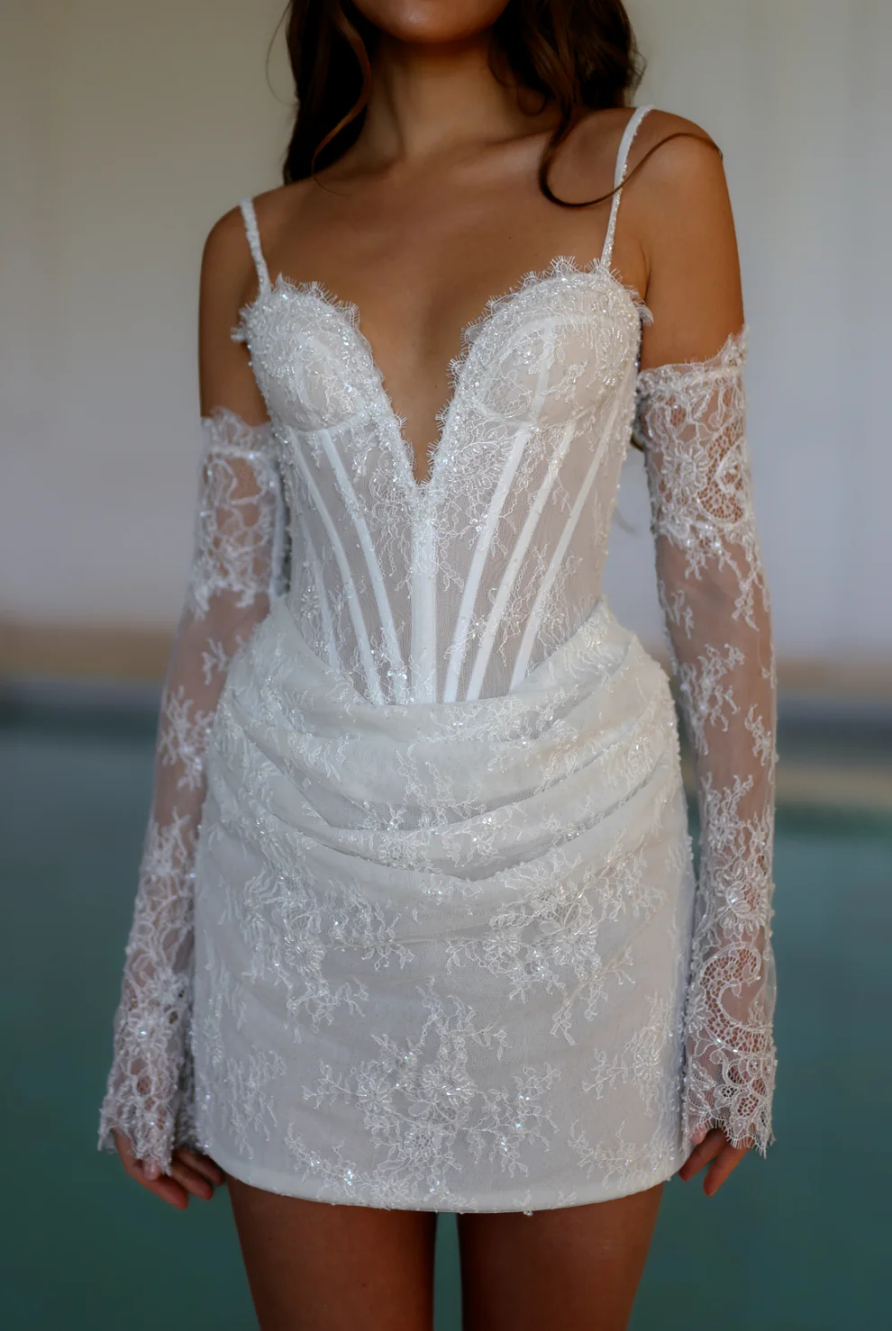 Elegant Romantic Lace Corset Mini Wedding Dress with Gloves SW088