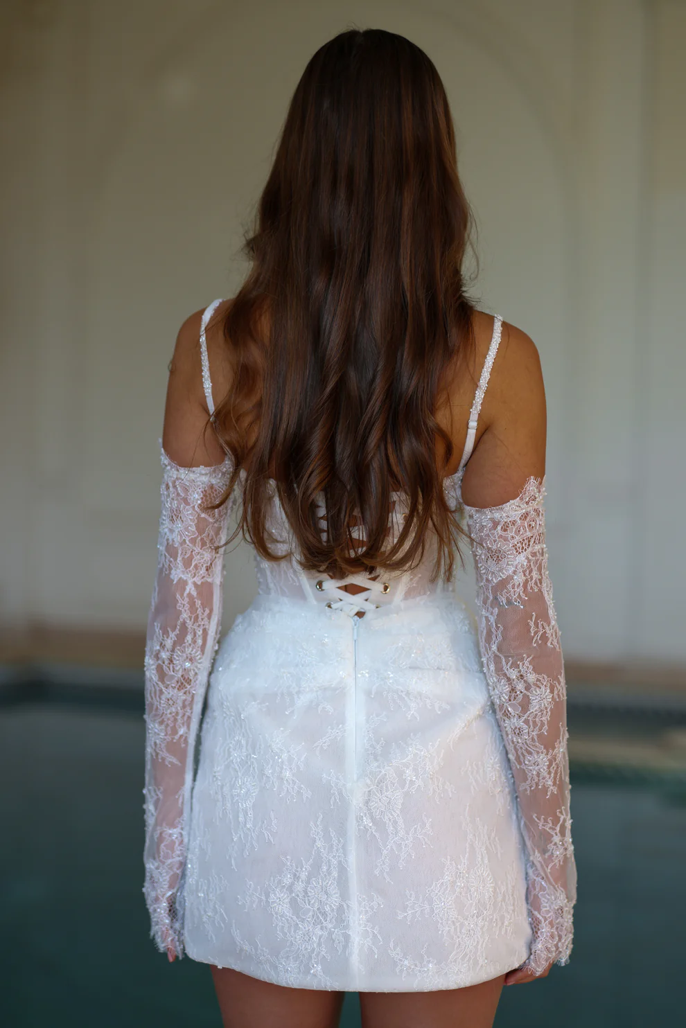 Elegant Romantic Lace Corset Mini Wedding Dress with Gloves SW088