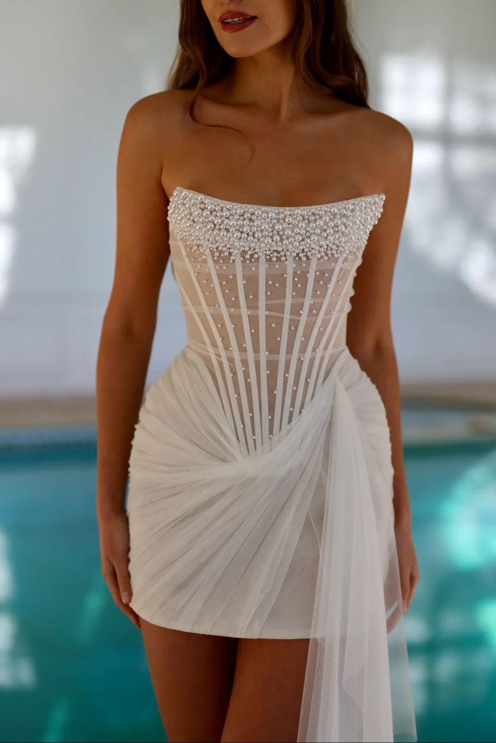 Luxury Mini Drop Waist Wedding Dress with Draped Tulle SW090