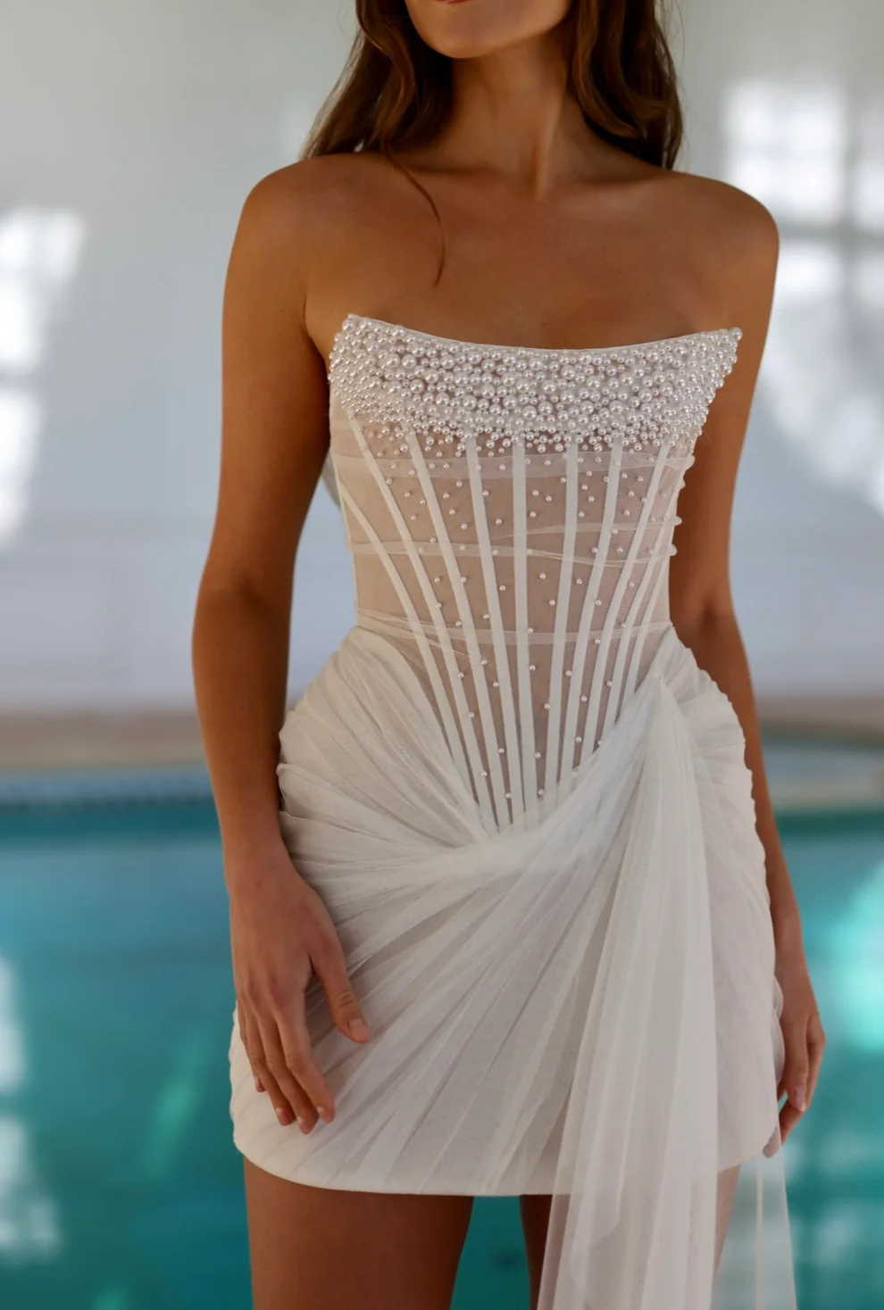 Luxury Mini Drop Waist Wedding Dress with Draped Tulle SW090