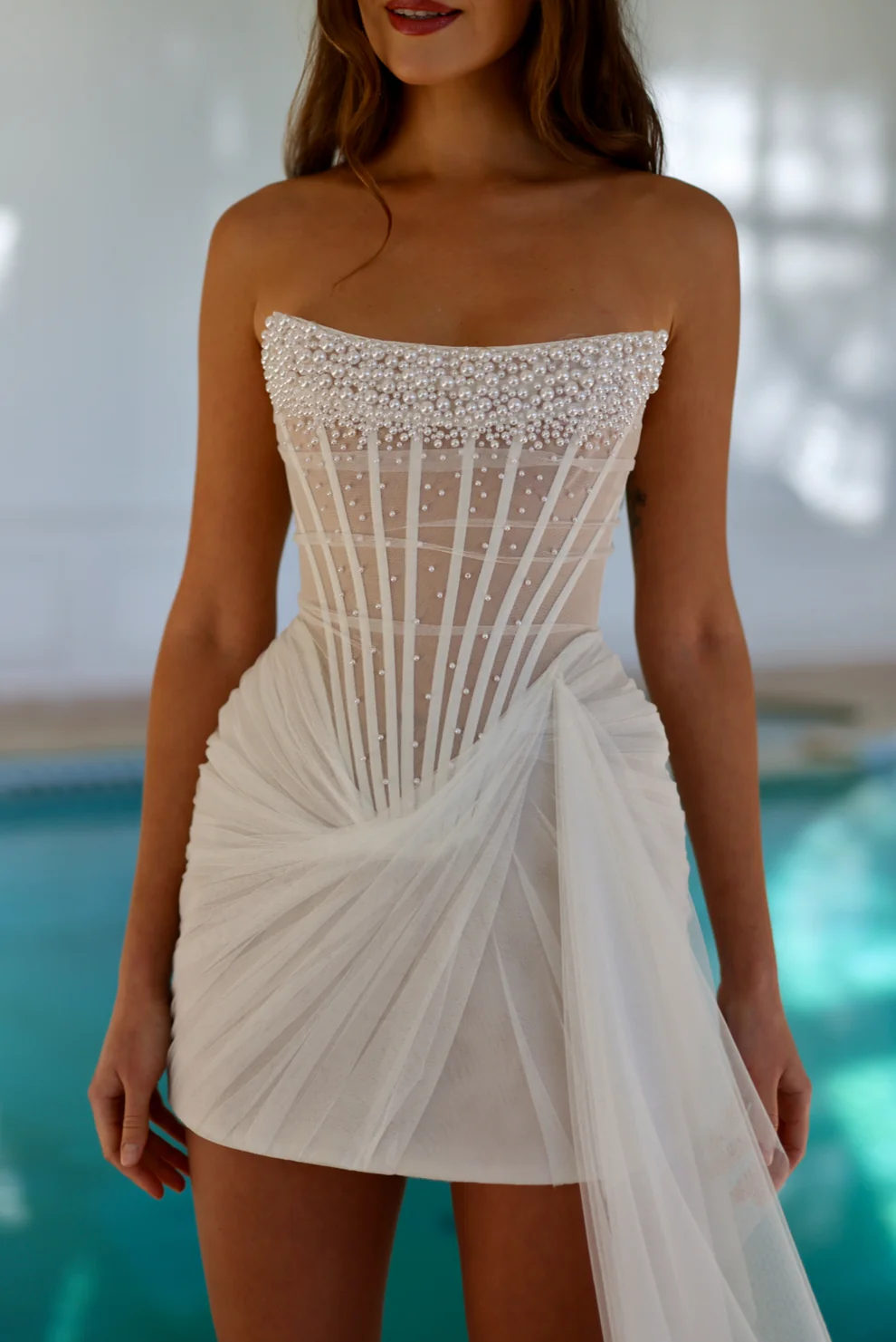 Luxury Mini Drop Waist Wedding Dress with Draped Tulle SW090