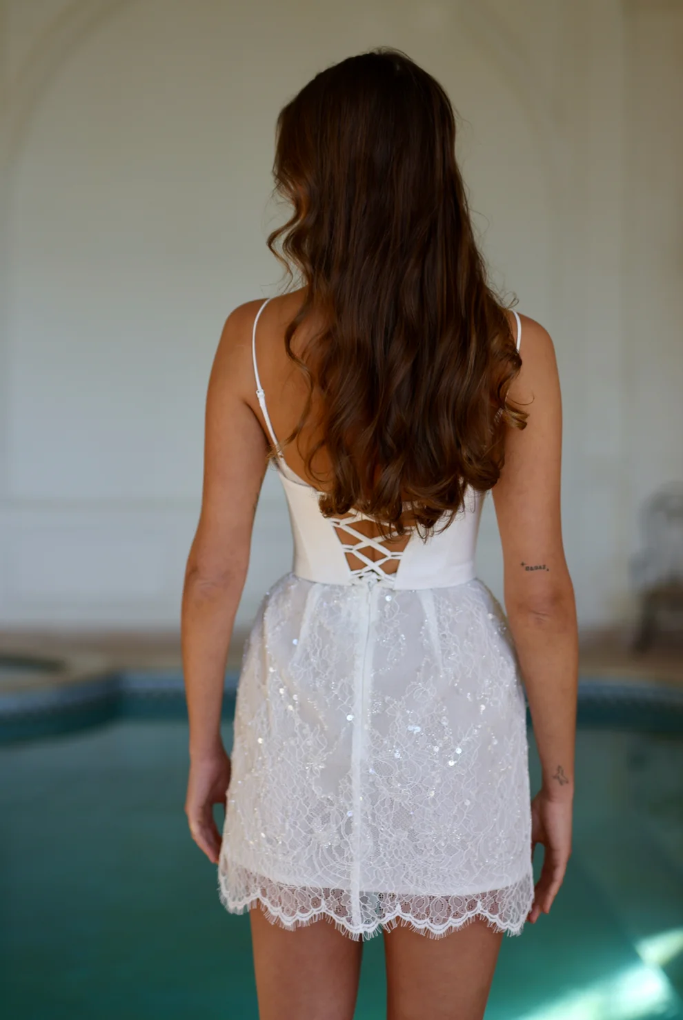 Drop Waist Corset Lace Mini Bridal Dress with Satin Bustier SW092
