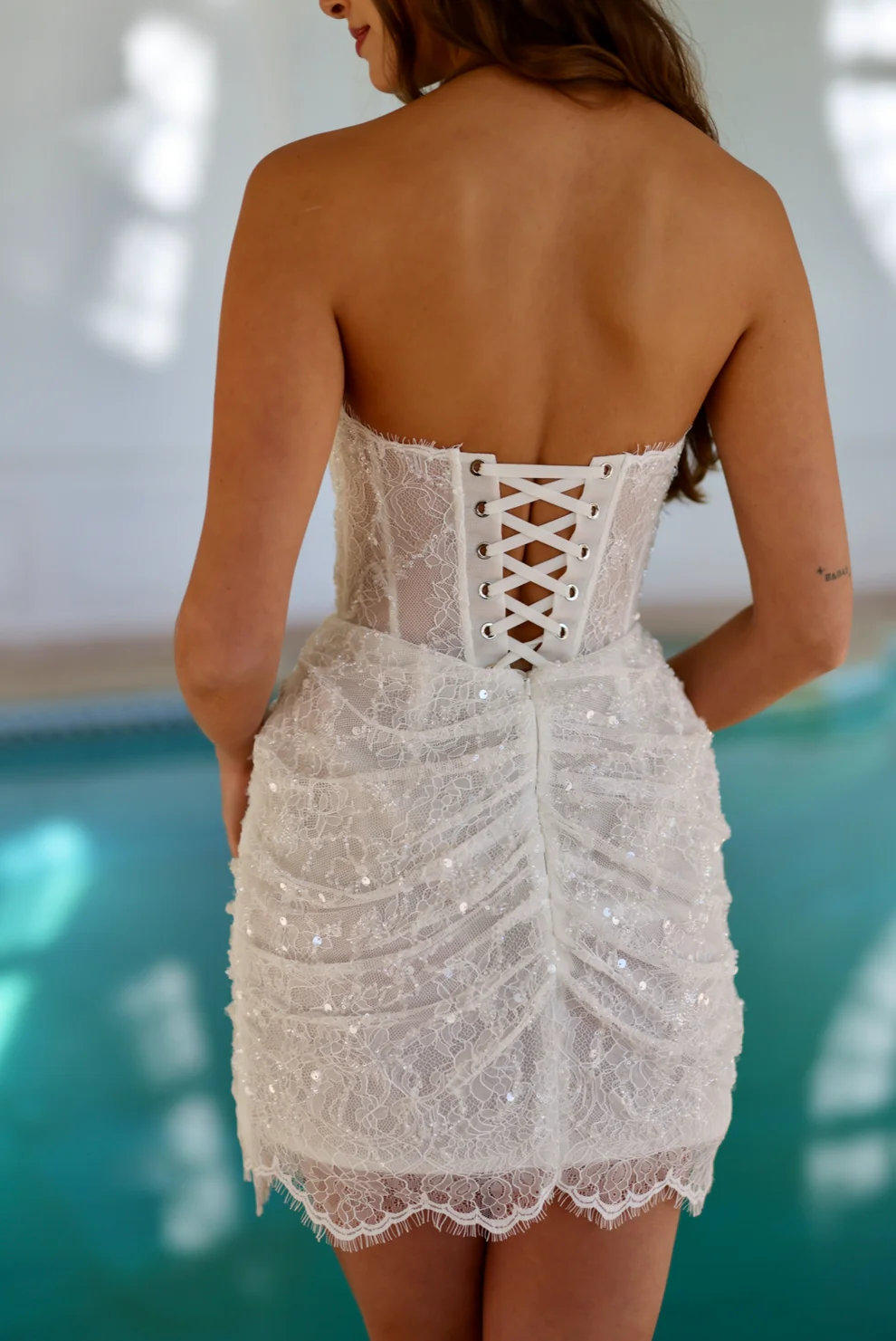 Luxury Drop Waist Draped Lace Corset Mini Wedding Dress SW093