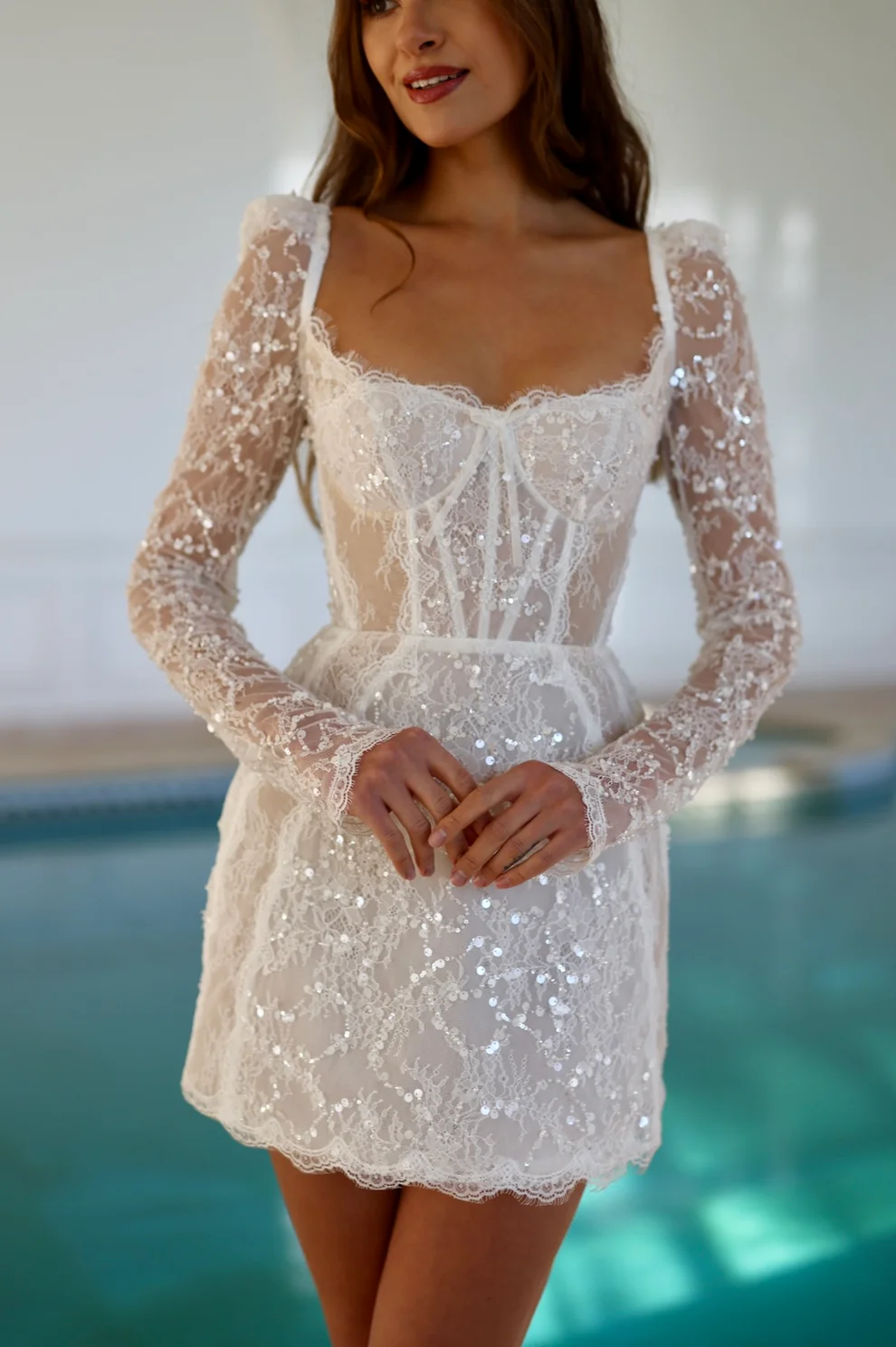 Luxury Sequin Long Sleeve Drop Waist Mini Wedding Dress SW094