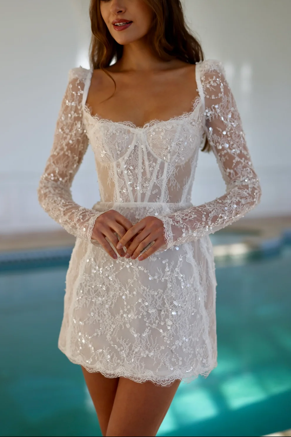 Luxury Sequin Long Sleeve Drop Waist Mini Wedding Dress SW094