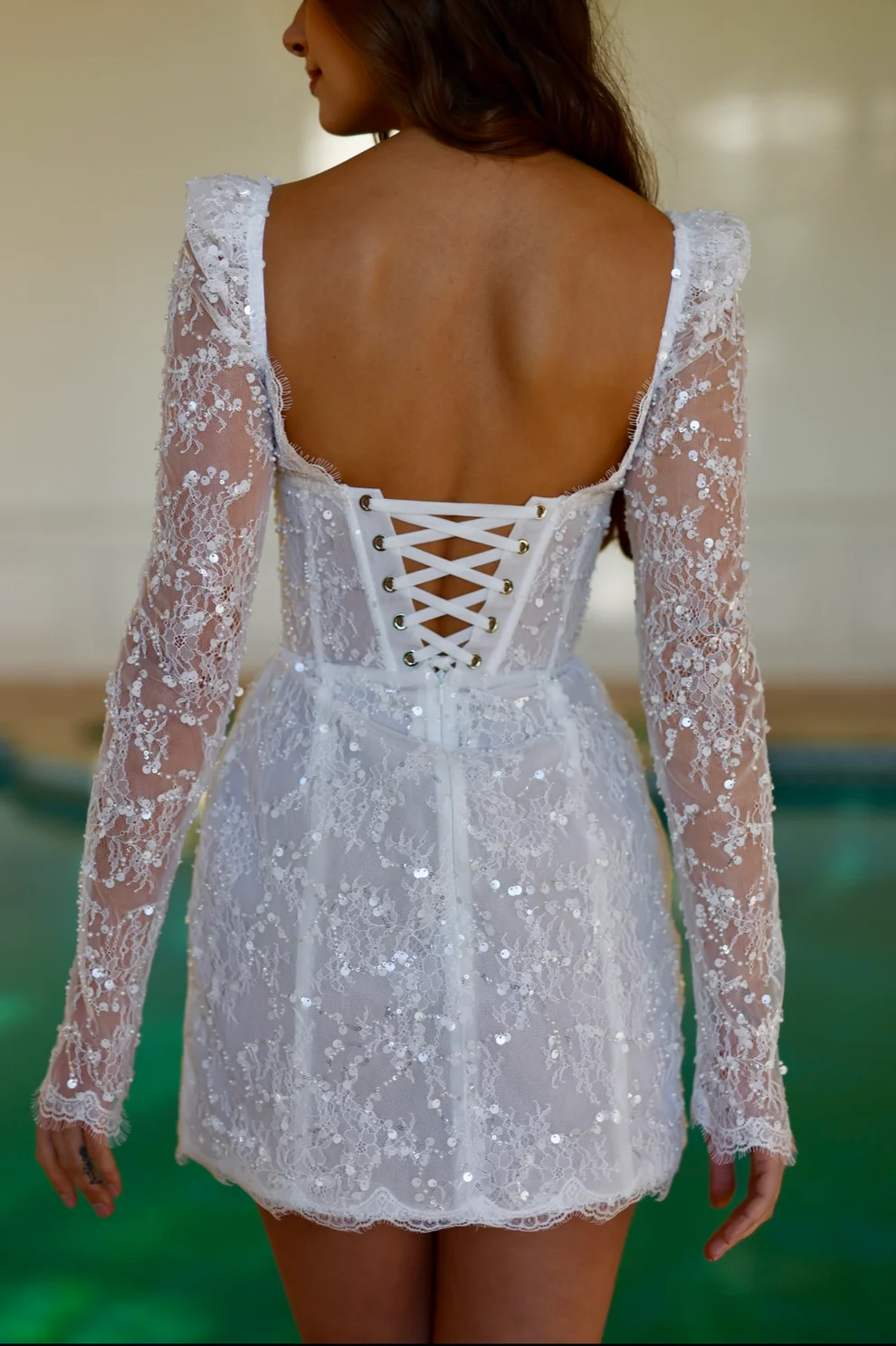 Luxury Sequin Long Sleeve Drop Waist Mini Wedding Dress SW094