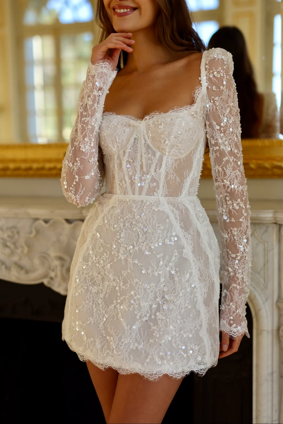 Luxury Sequin Long Sleeve Drop Waist Mini Wedding Dress SW094