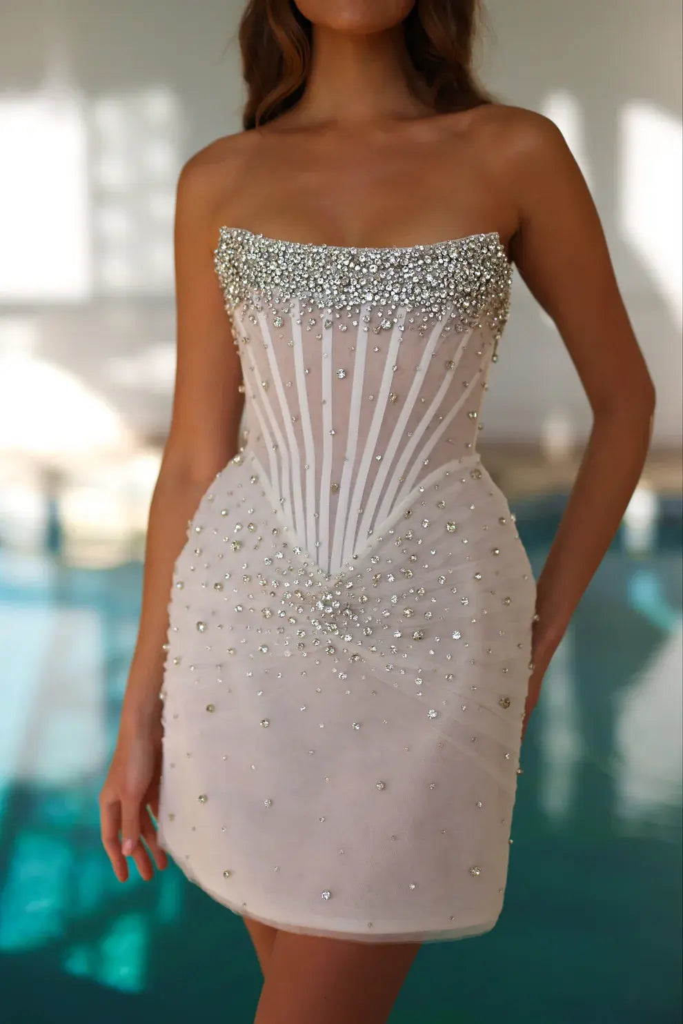 Luxury Crystal Beaded Corset Mini Wedding Dress SW095 – SHEER FAIRY