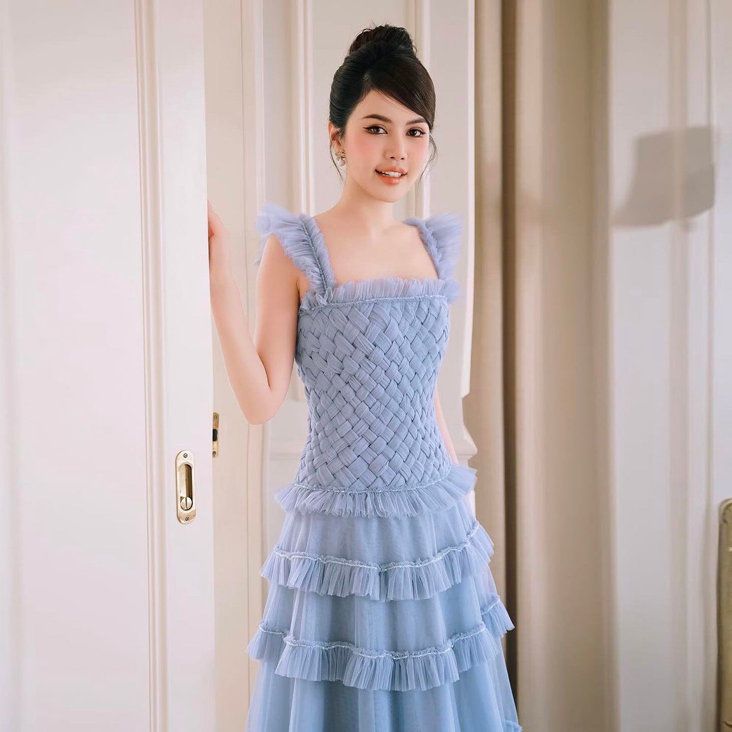 Formal Ruffled Woven Tulle Tiered Maxi Evening Gown SF298