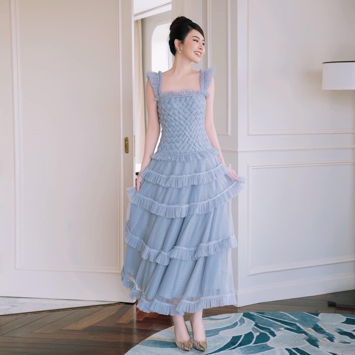 Formal Ruffled Woven Tulle Tiered Maxi Evening Gown SF298