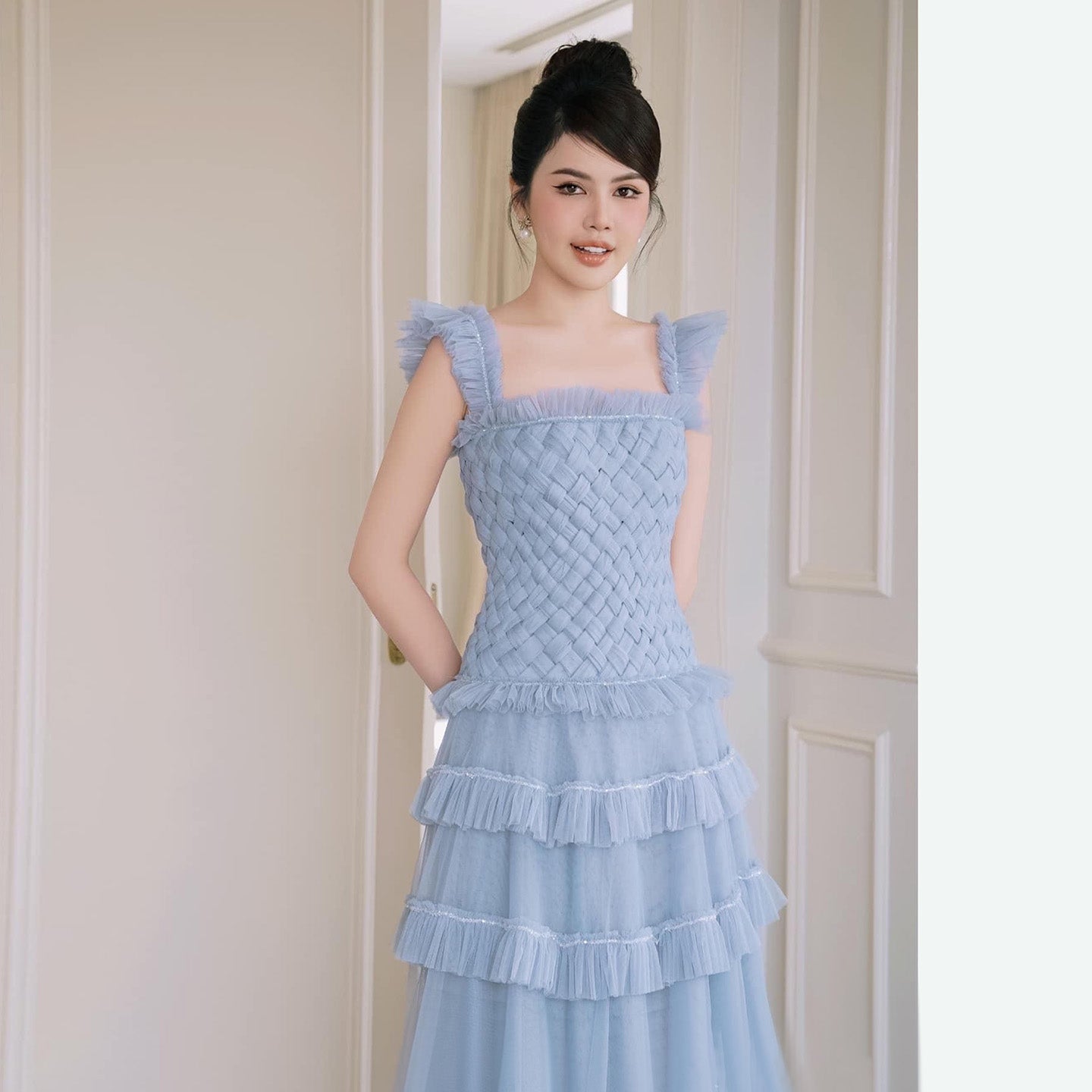 Formal Ruffled Woven Tulle Tiered Maxi Evening Gown SF298