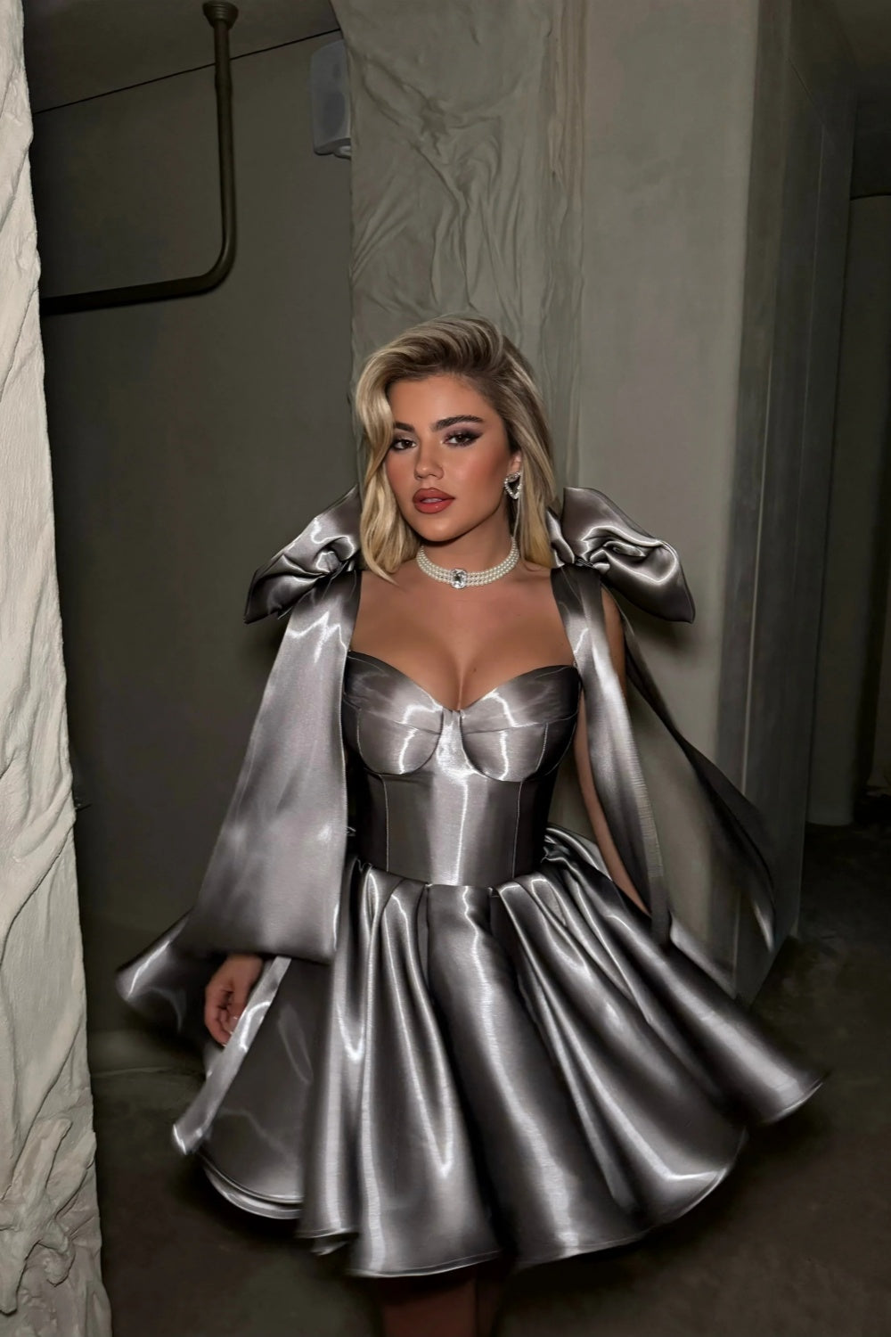 Elegant Gray Satin Corset Mini Dress with Bows RM248 – SHEER FAIRY