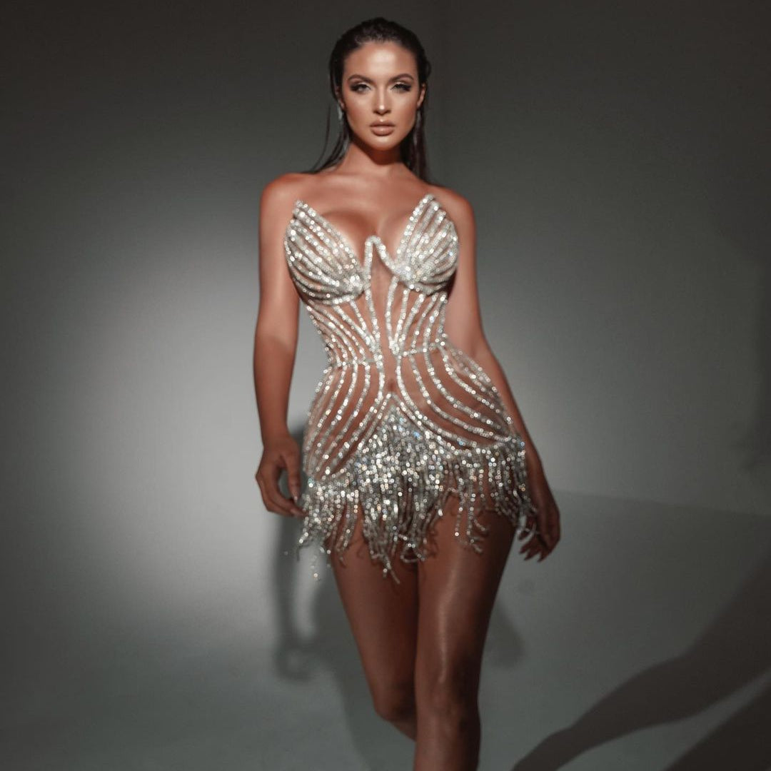 Sparkly Sheath Silver Rhinestone Fringe Strapless Mini Dress RM016