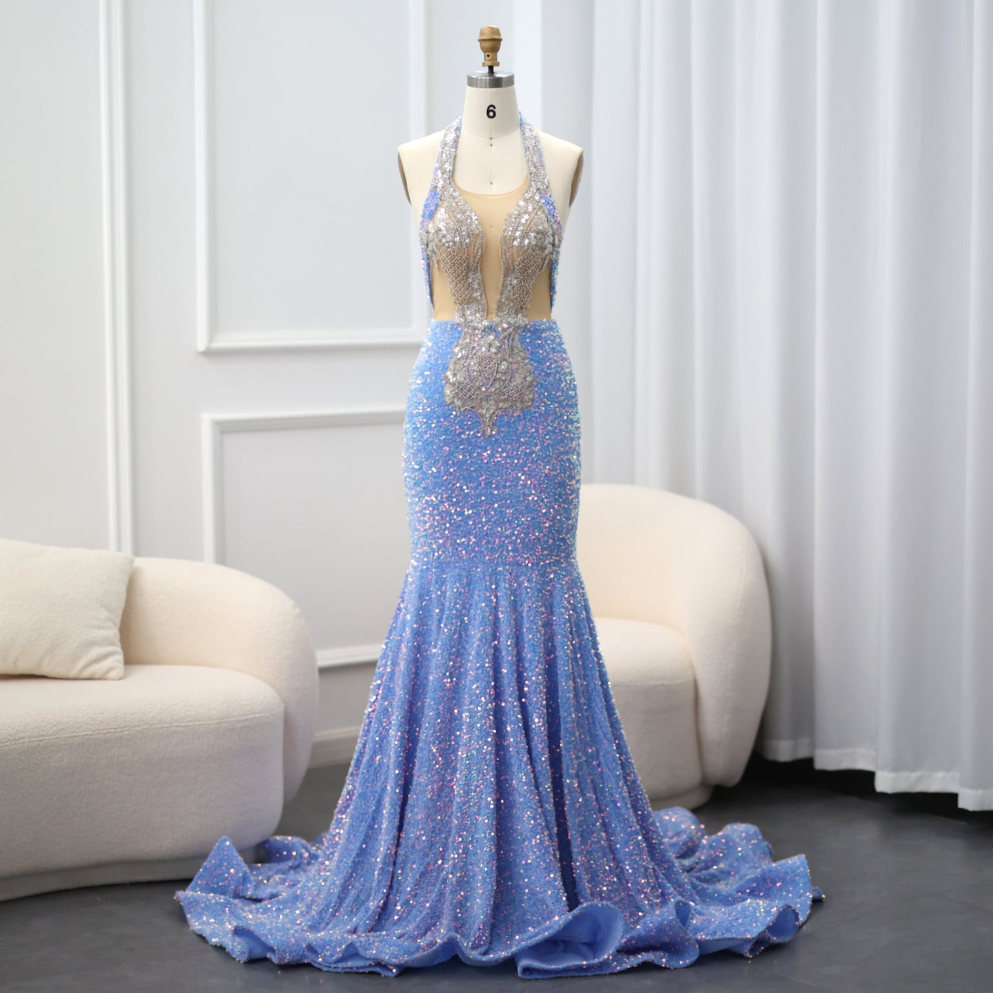 Vintage Light Blue Halter Neck Mermaid Evening Gown SH019