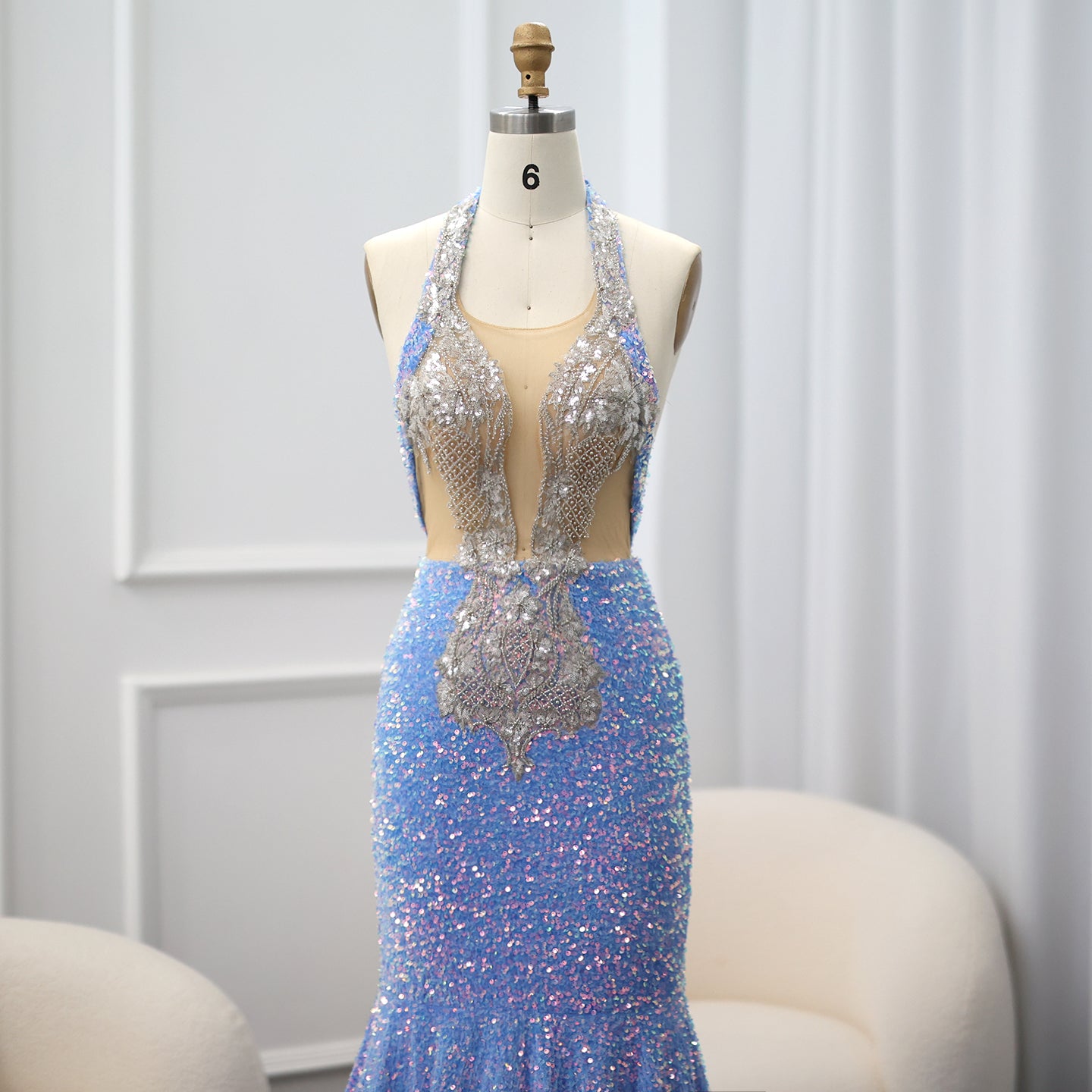 Vintage Light Blue Halter Neck Mermaid Evening Gown SH019
