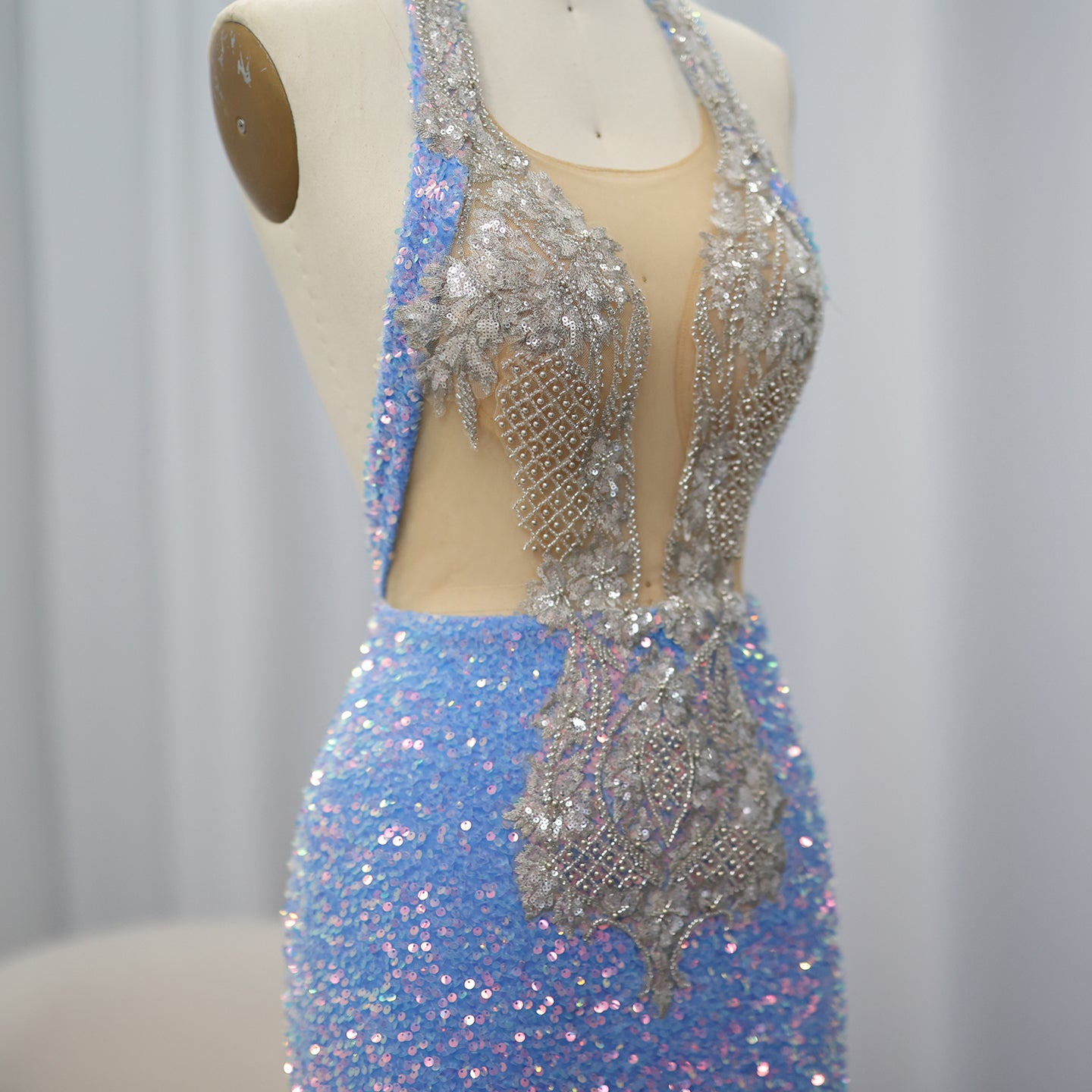 Vintage Light Blue Halter Neck Mermaid Evening Gown SH019